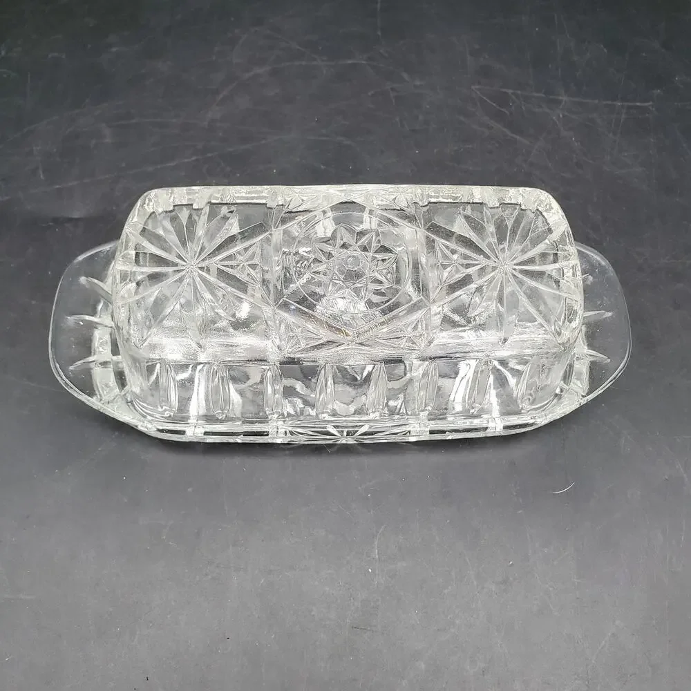 Vintage Cut Pressed Glass Covered Butter Dish Starburst Diamond Pattern
